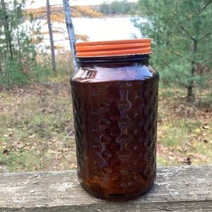 OVALTINE Jar VINTAGE Amber Hobnail Orange Lid 7” Tall
